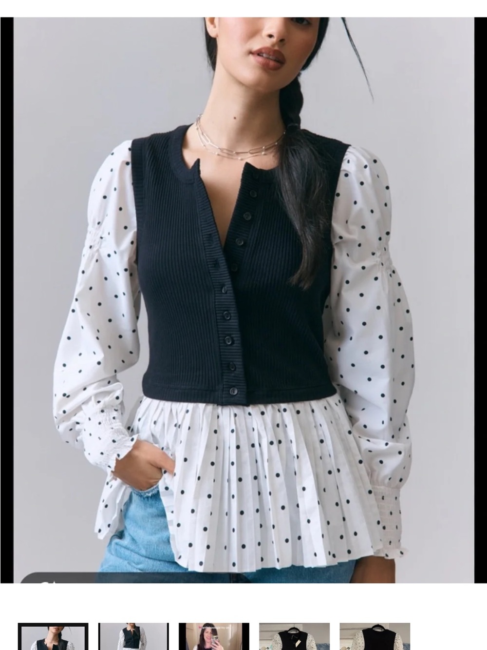 Anthropologie Black Ribbed Vest over White Polka Dot Peplum Blouse